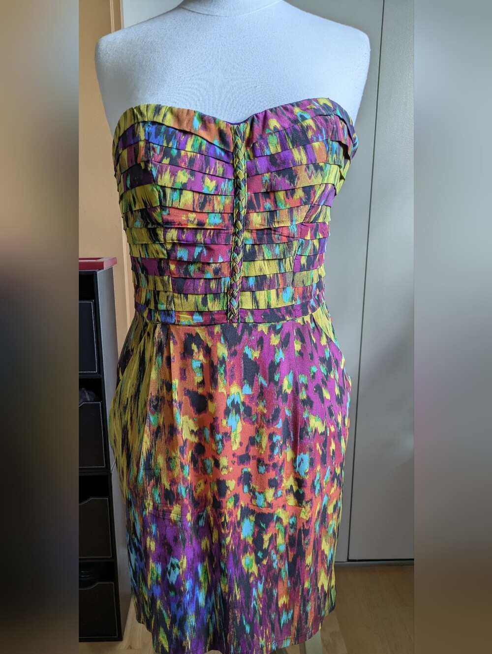 Charlie Jade Designer Silk Strapless Multicolor Pleated Bodice Dress